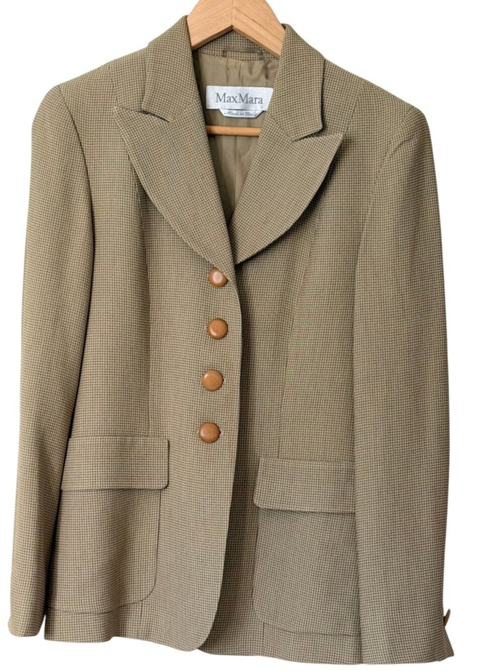 VTG MaxMara Italy 4-Button Leather Single Breast Houndstooth Pocket Blazer Tan 6
